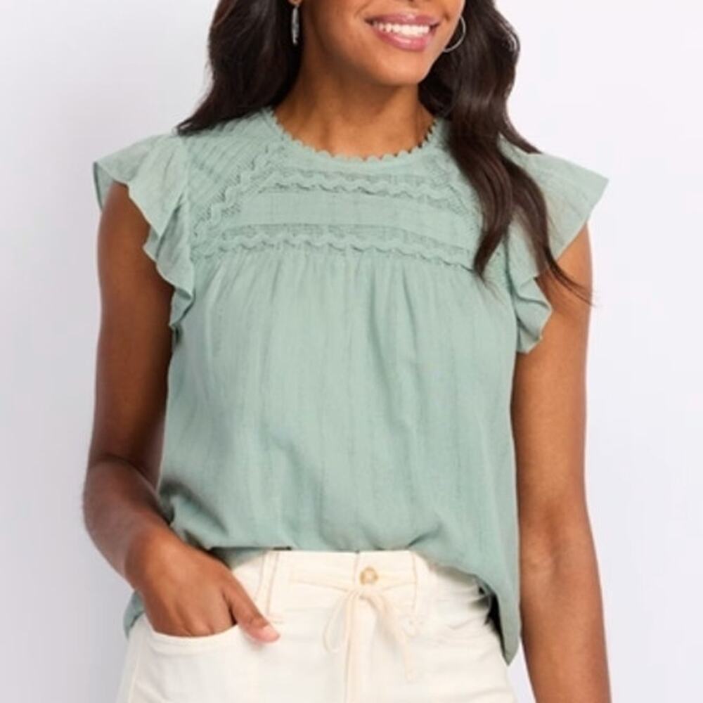 Daniel Rainn Raegan Top Womens Medium Sage Green Flutter Sleeve Ric Rac Boho
